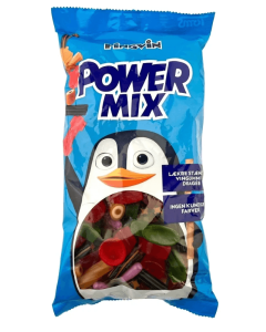 Pingvin Power Mix Display 900g st&aelig;rk salt og s&oslash;d lakrids samt frugtgummi mix