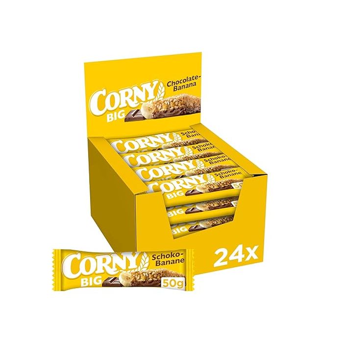 CORNY BIG Chokolade-Banan Müsli-bar 24×50g med fuldkornsflager, bananstykker og chokolade CORNY BIG Chokolade-Banan Müsli-bar 24×50g med fuldkornsflager, bananstykker og chokolade