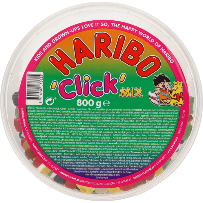 Haribo Click Mix 800g pose med frugtgummi, skumfiduser, lakrids og dragéer Haribo Click Mix 800g pose med frugtgummi, skumfiduser, lakrids og dragéer