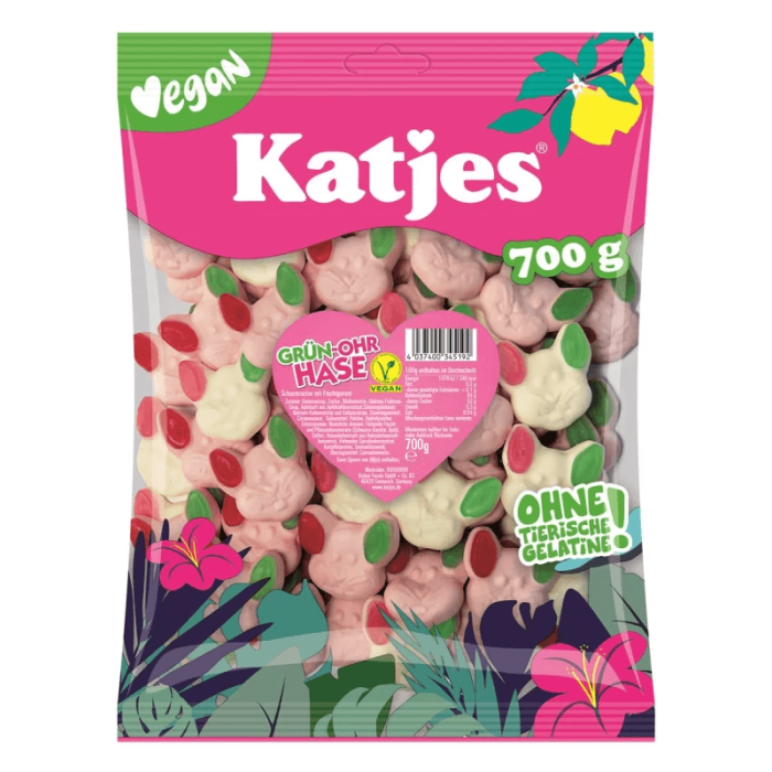 Katjes Grün-Ohr-Hase 700g veganske skumkaniner med frugtgummi-ører Katjes Grün-Ohr-Hase 700g veganske skumkaniner med frugtgummi-ører