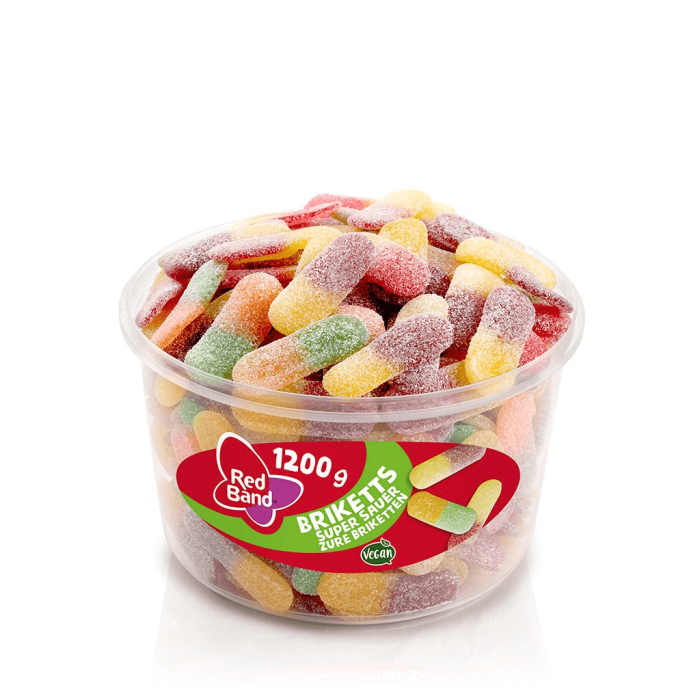 Red Band Briketts Super Sauer ekstra sure frugtgummi briketter med to smage Red Band Briketts Super Sauer ekstra sure frugtgummi briketter med to smage