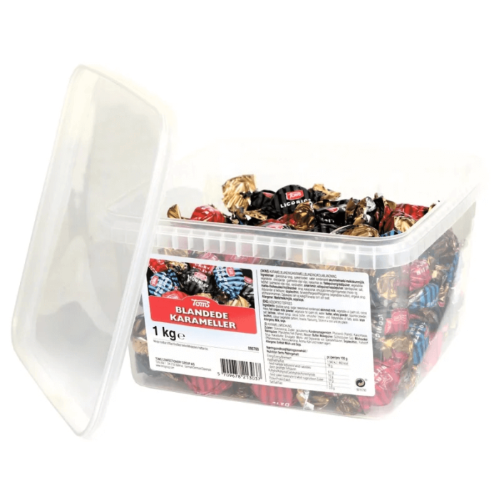 Toms Blandede Karameller 1000g mix af indpakkede karameller i fløde lakrids chokolade mint smage Toms Blandede Karameller 1000g mix af indpakkede karameller i fløde lakrids chokolade mint smage
