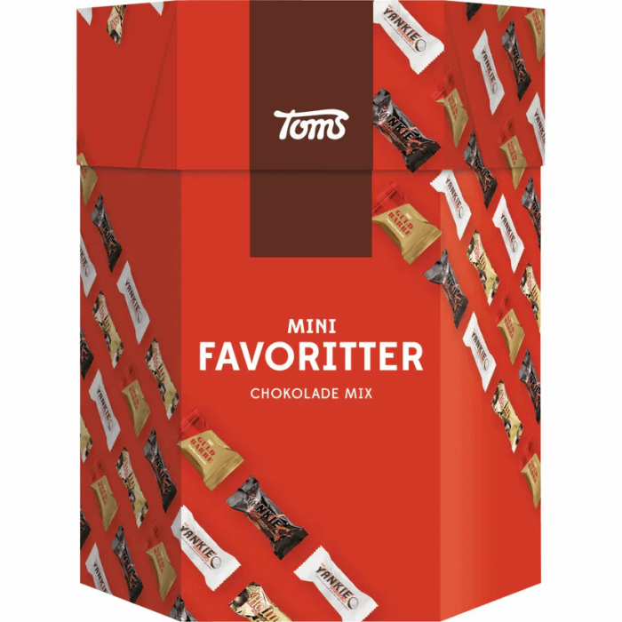 Toms Mini Favoritter 1300g mix af mini chokolader med nougat nødder karamel og frugt Toms Mini Favoritter 1300g mix af mini chokolader med nougat nødder karamel og frugt